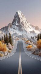 Winding road leads to majestic snow capped mountain peak, surrounded by autumn foliage and evergreen trees under pastel sky, creating serene and picturesque landscape
