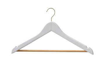 White wooden clothes hanger with metal hook and wooden bar on black image