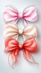 Three elegant hand painted bows in pink, beige, and red are arranged vertically on soft background, showcasing delicate textures and graceful design