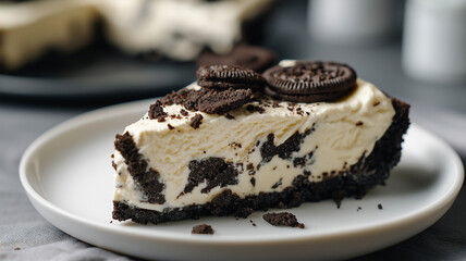 Slice of creamy cheesecake with chocolate cookie crust is topped with crushed cookies on white plate, creating delicious and inviting dessert
