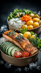 Delicious and vibrant meal featuring two round brown cardboard boxes of restaurant food. front box contains grilled salmon, fresh cucumber slices, cherry tomatoes, and herbs, while back box