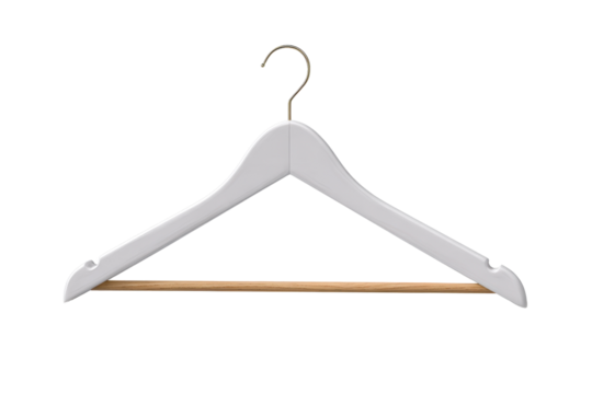 White wooden clothes hanger with metal hook and wooden bar on black image