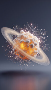 Glowing, abstract digital sphere with interconnected nodes and rings, resembling futuristic sci fi concept, floats against dark background, evoking sense of wonder