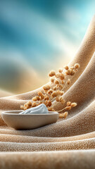 Serene skincare scene with bowl of cream and delicate dried flowers on textured surface, set against dreamy sky. composition evokes tranquility and natural beauty