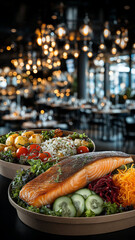 Delicious display of restaurant food in two round brown cardboard boxes, featuring grilled salmon, fresh vegetables, and vibrant salad, set against stylish dining background