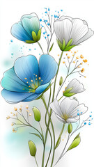 Blue and white wildflowers with delicate stems and leaves are illustrated in watercolor style, creating seamless and tileable pattern. design is fresh and vibrant