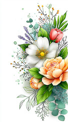 Vibrant floral arrangement featuring hand painted flowers soft pastel colors, including roses and daisies, with lush green leaves and delicate branches. watercolor style adds gentle, artistic