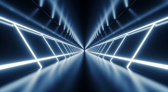 Futuristic blue neon light tunnel with geometric lines