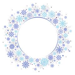 Winter round blank frame wreath background with snowflakes. Vector illustration