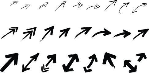 Angled arrow set sketch brush pointers collection various sizes styles diagonal signs vector