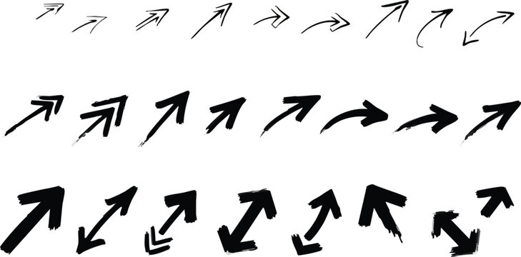 Angled arrow set sketch brush pointers collection various sizes styles diagonal signs vector
