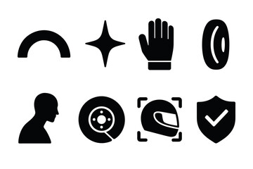 Safety icons set: helmet, shield, hand, star, profile, tire, brake disc in bold minimalist style