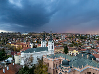 Sremski Karlovci, Serbia - November 17, 2025: Aerial view of Sremski Karlovci, showcasing its charming architecture, historic buildings, and the prominent cathedral, Serbia