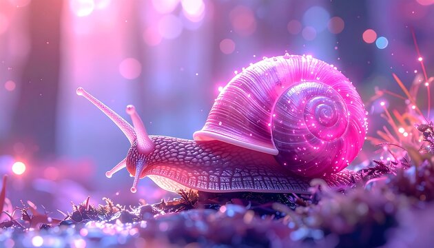 Luminescent pink snail crawls across mossy ground amidst glowing orbs in a whimsical, magical forest
