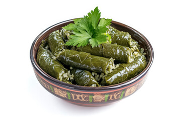 Sarma, Weintraubenblätter mit Reis-Füllung, auch Dolmades oder Dolma, freigestellt vor weissem Hintergrund, Generative AI