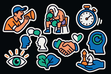 Dynamic collection of colorful sports and strategy themed icons on black background