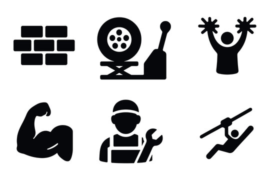 Dynamic icons of strength, tools, and movement in bold silhouette style
