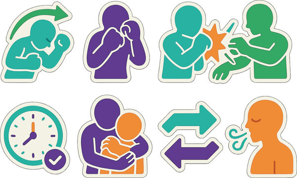 Vibrant sticker set of self defense techniques and emotional wellbeing icons