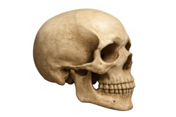 Human skull profile looking right depicting anatomy, skeleton, science, and mortality with transparent background