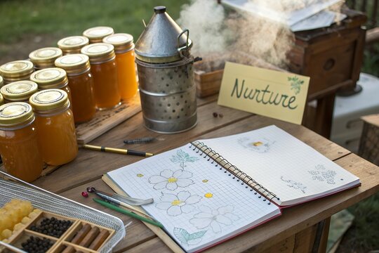 A beekeeper's desk with word Nurture 