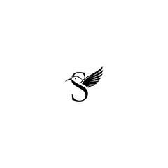 Elegant hummingbird and letter s logo design in black and white