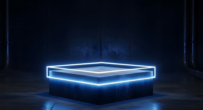 Neon light product display stand futuristic podium platform stage showcase presentation mockup template - Powered by Adobe
