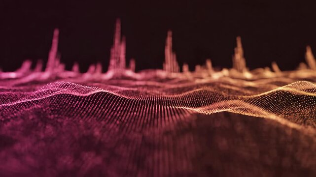 Abstract three dimensional field of glowing particles forming oscillating waves and peaks against a dark background