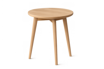 Round wooden side table with three legs, modern minimalist furniture design, isolated on transparent background