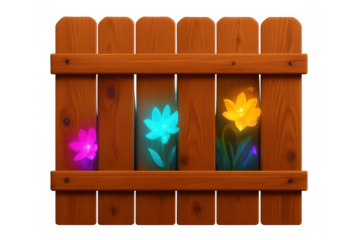 Wooden fence with glowing fantasy flowers, vibrant bioluminescent plants creating a magical garden scene
