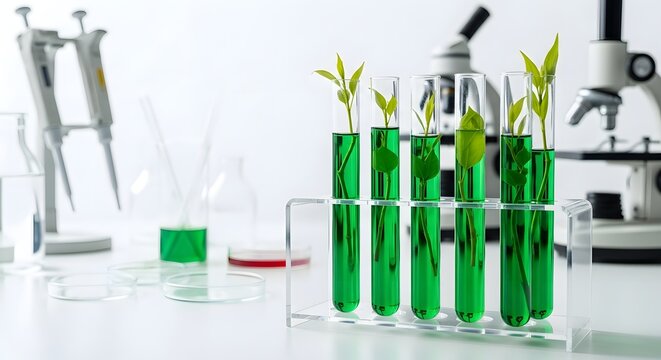 Plant science research laboratory experiment with green plants in test tubes and microscope setup