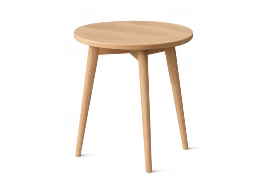 Round wooden side table with three legs, modern minimalist furniture design, isolated on transparent background