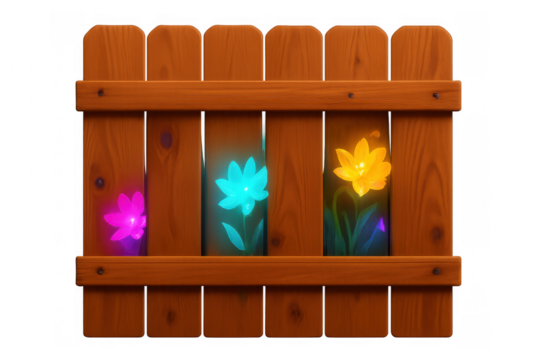 Wooden fence with glowing fantasy flowers, vibrant bioluminescent plants creating a magical garden scene