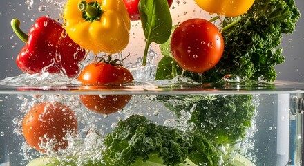 Fresh vegetables in water splash background healthy food concept washing vegetables tomatoes peppers