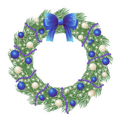 Christmas pine wreath with blue bow and ornaments. Vector illustration