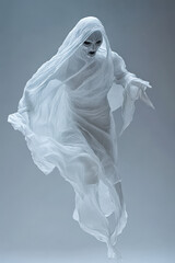 Spuk, Gespenst in durchsichtigen Tüchern schwebt durch die Luft, freigestellt vor neutralem Hintergrund, Generative AI
