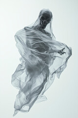 Spuk, Gespenst in durchsichtigen Tüchern schwebt durch die Luft, freigestellt vor neutralem Hintergrund, Generative AI