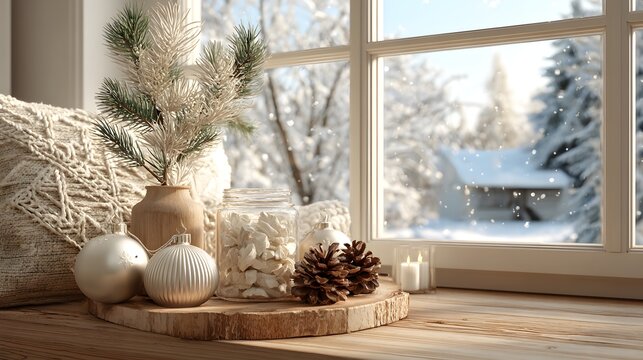 Cozy winter window scene featuring festive decorations snow falling and a distant snowy house - Powered by Adobe