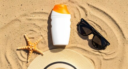 Summer beach essentials sunscreen sunglasses starfish and hat for sun protection and relaxation