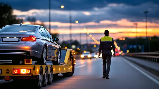 Silhouette of a faceless technician walking past a generic car on a flatbed recovery truck, evening road lights blurred in the distance, with copy space