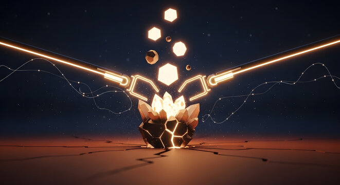 Futuristic Mining Robotic Arms Extracting Glowing Energy Crystals from Cracked Earth