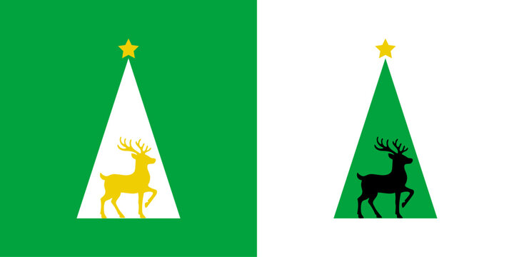 Logo con &aacute;rbol de navidad con forma de tri&aacute;ngulo sencillo con estrella y silueta de ciervo o del reno Rudolph de Santa Claus para tarjetas y felicitaciones