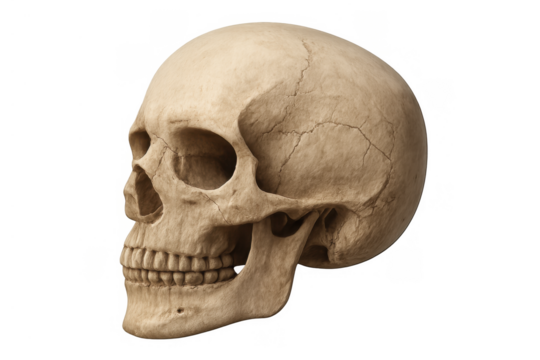 Human skull profile view with visible anatomy, representing medical study, death, history, and scientific concepts