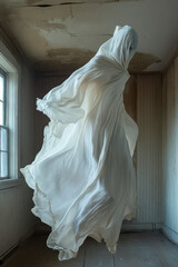Spuk, Gespenst in durchsichtigen Tüchern schwebt in einem alten Haus durch die Luft, Generative KI