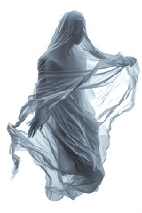 Spuk, Gespenst in durchsichtigen Tüchern schwebt durch die Luft, freigestellt vor weissem Hintergrund, Generative AI