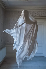 Spuk, Gespenst in durchsichtigen Tüchern schwebt in einem alten Haus durch die Luft, Generative KI