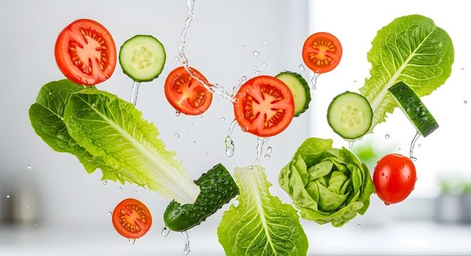 Fresh salad ingredients tomatoes cucumbers lettuce falling with water drops healthy eating concept