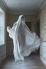Spuk, Gespenst in durchsichtigen Tüchern schwebt in einem alten Haus durch die Luft, Generative KI