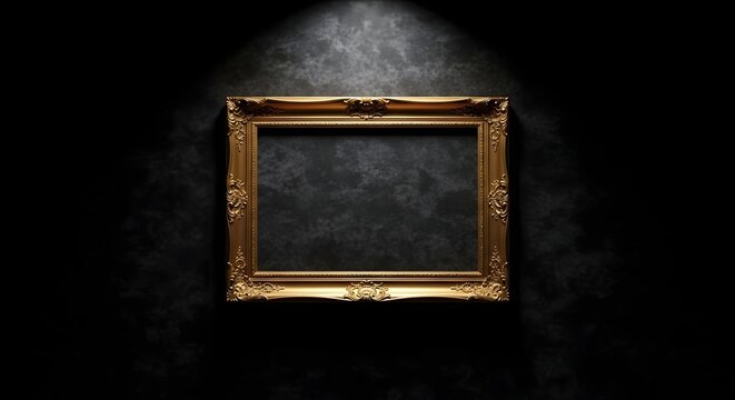 Vintage gold ornate picture frame on dark wall art gallery museum exhibit spotlight background