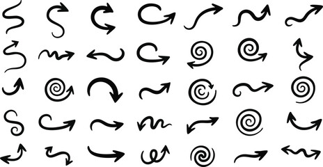 Curved arrow set spiral pointers collection sketch elements doodle circular motion signs
