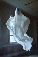 Spuk, Gespenst in durchsichtigen Tüchern schwebt in einem alten Haus durch die Luft, Generative KI